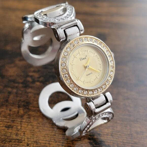 Vintage Watches Vivani Quartz Gold Dial Crystal Bezel Ladies Dress  Cuff Watch - Picture 10 of 10